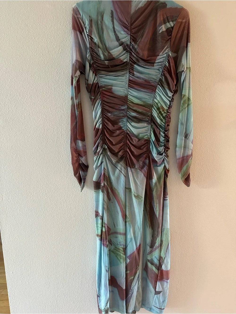 Abstract Anthro Rusched midi long sleeve mock neck dress